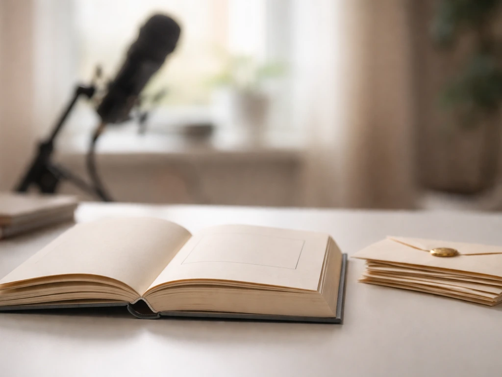 Open hardcover book on a desk with envelopes, warm light, blurred media studio background.