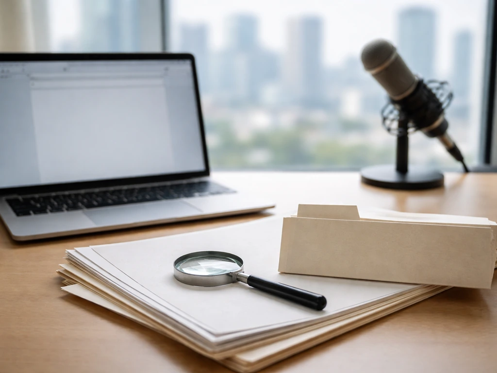 Desk scene with blank paperwork, magnifying glass, and laptop—symbolic of public-records financial research.