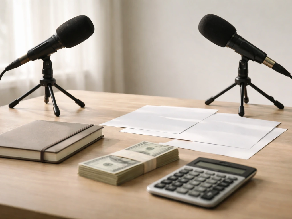 Minimal desk scene with scattered bills, a calculator, and two microphones facing opposite directions