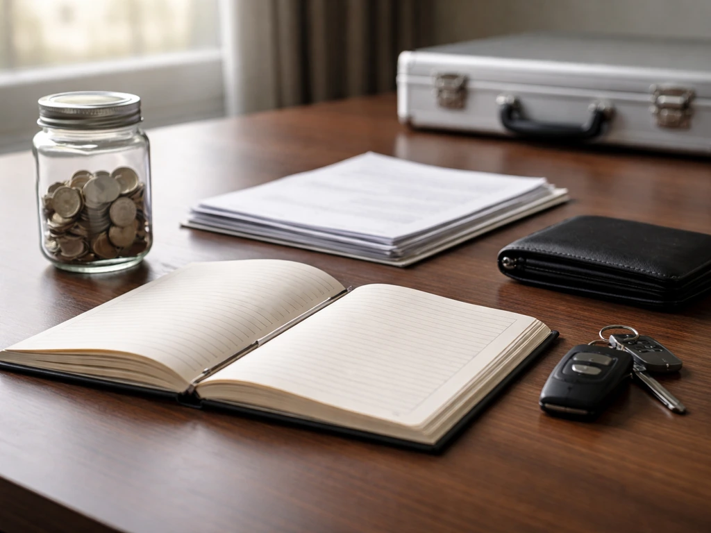 Minimal photo of a tidy desk with scattered financial items suggesting assets versus liabilities.