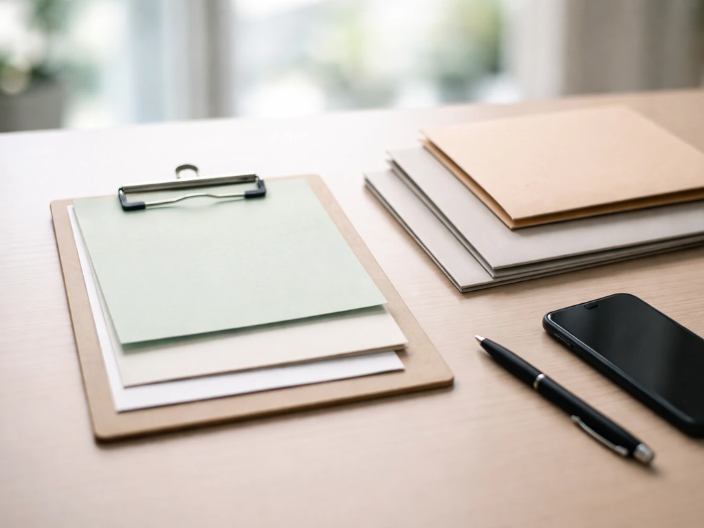 Minimal desk scene with a clipboard and three stacked folders labeled by color, representing source hierarchy