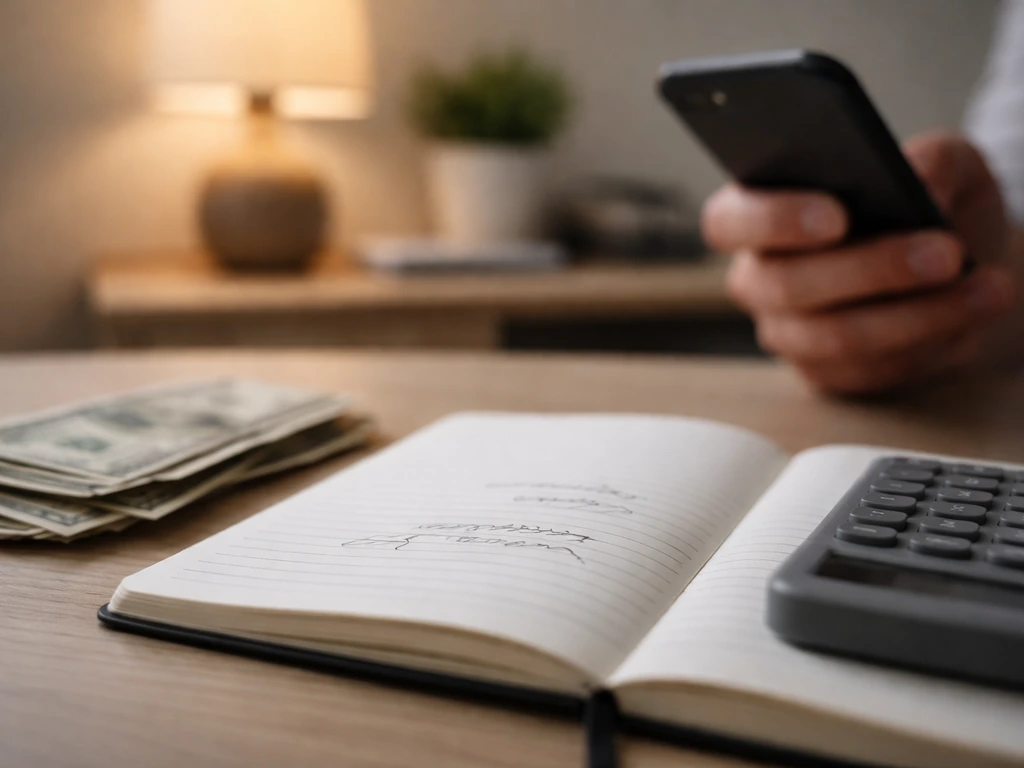 Close-up of a messy notebook beside a smartphone showing vague finance notes, symbolizing unreliable net-worth claims.