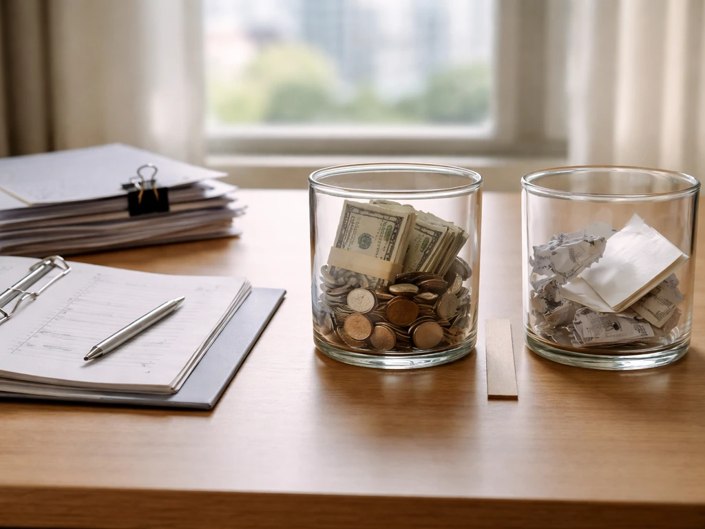 Office desk with coins and documents in glass containers, symbolically separating assets from liabilities.