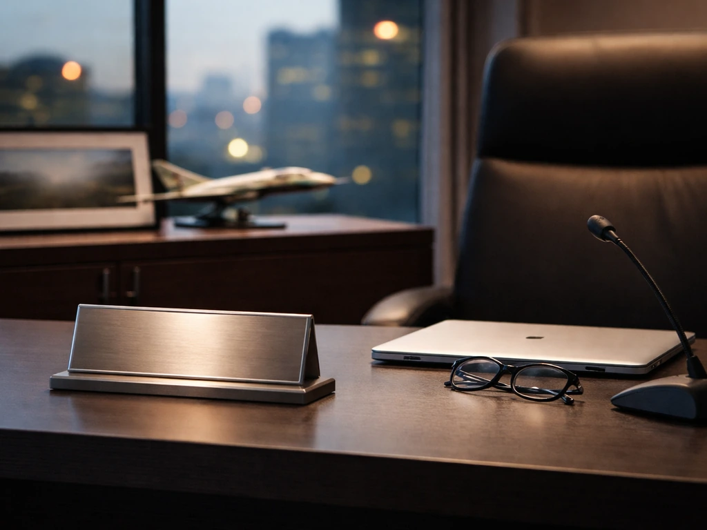 Minimal modern office desk with microphone and city view, symbolizing an executive defense industry context.