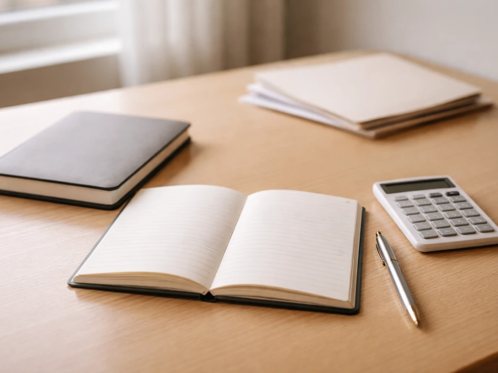 Minimal desk scene with a notebook and calculator suggesting a responsible net-worth estimate workflow.