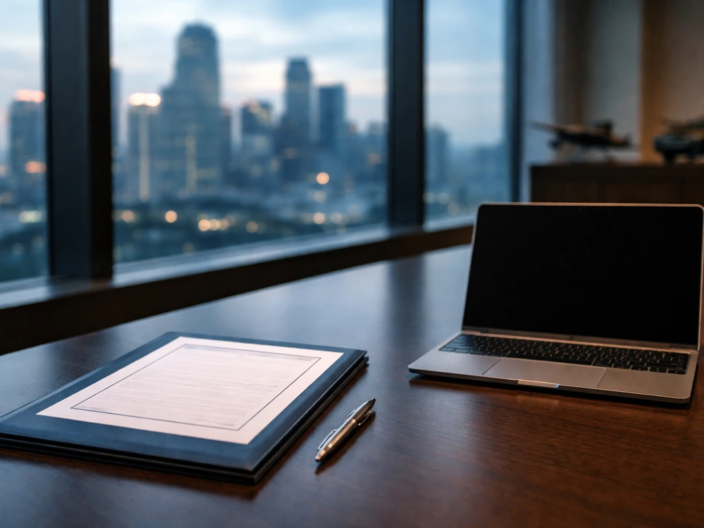 Minimal boardroom table with a closed laptop and documents, evoking a recent company results release timeline.