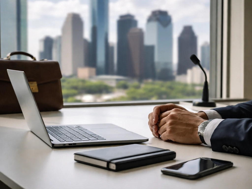 Anonymous business desk with laptop, microphone, and blurred skyline backdrop suggesting wealth and media interest.