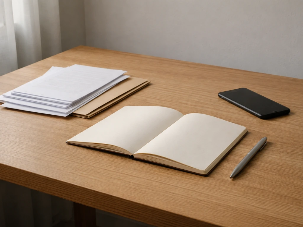 Minimal office desk with open notebook and scattered financial documents suggesting a $20M net worth estimate
