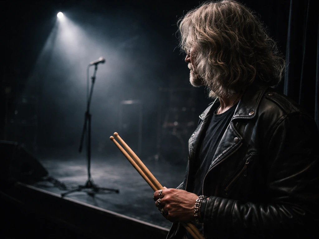 Anonymous rock drummer with drumsticks near a quiet stage, hinting at a metal band musician.