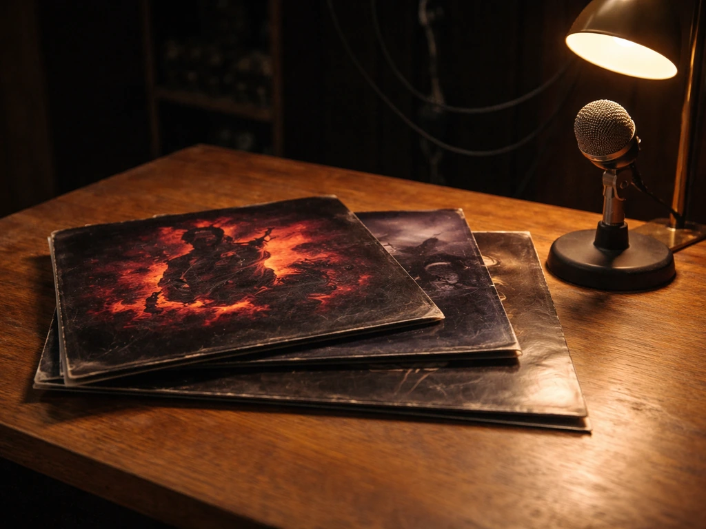 Vintage Megadeth-style heavy metal album records on a desk near a dim studio light