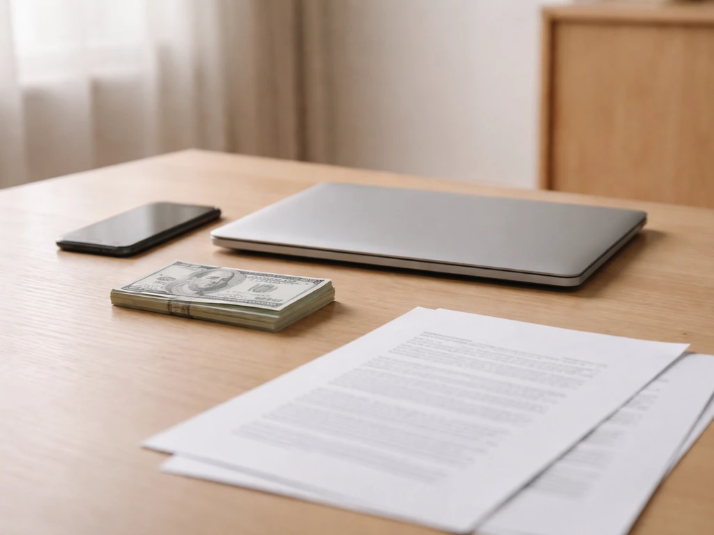 Minimal desk scene with scattered money and a smartphone, suggesting multiple net-worth sources without showing people