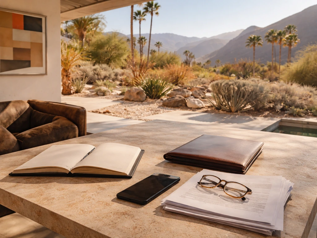 Sunlit Palm Springs patio scene with business and finance symbolism for a net worth estimate article
