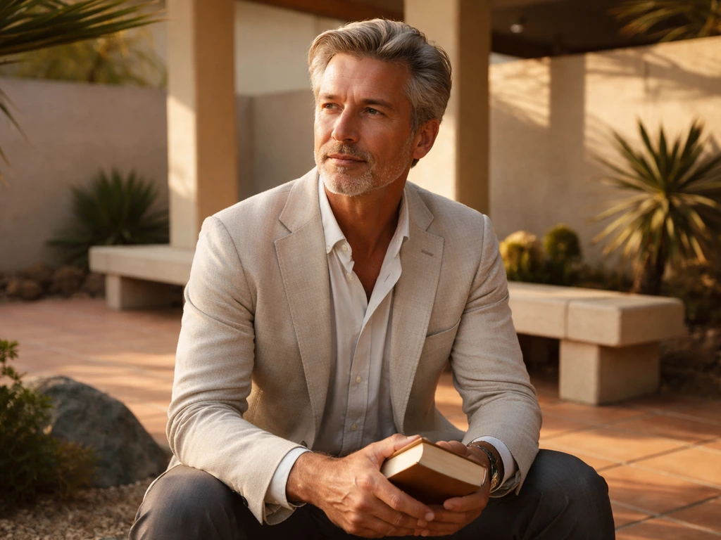 An elegant Palm Springs philanthropist-type man in a sunlit mid-century courtyard, relaxed and thoughtful.