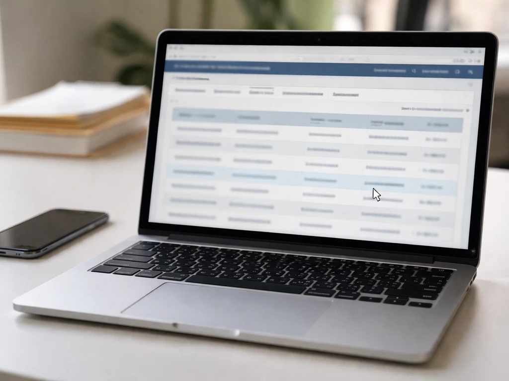 Laptop close-up showing a generic California business records search interface and supporting documents.