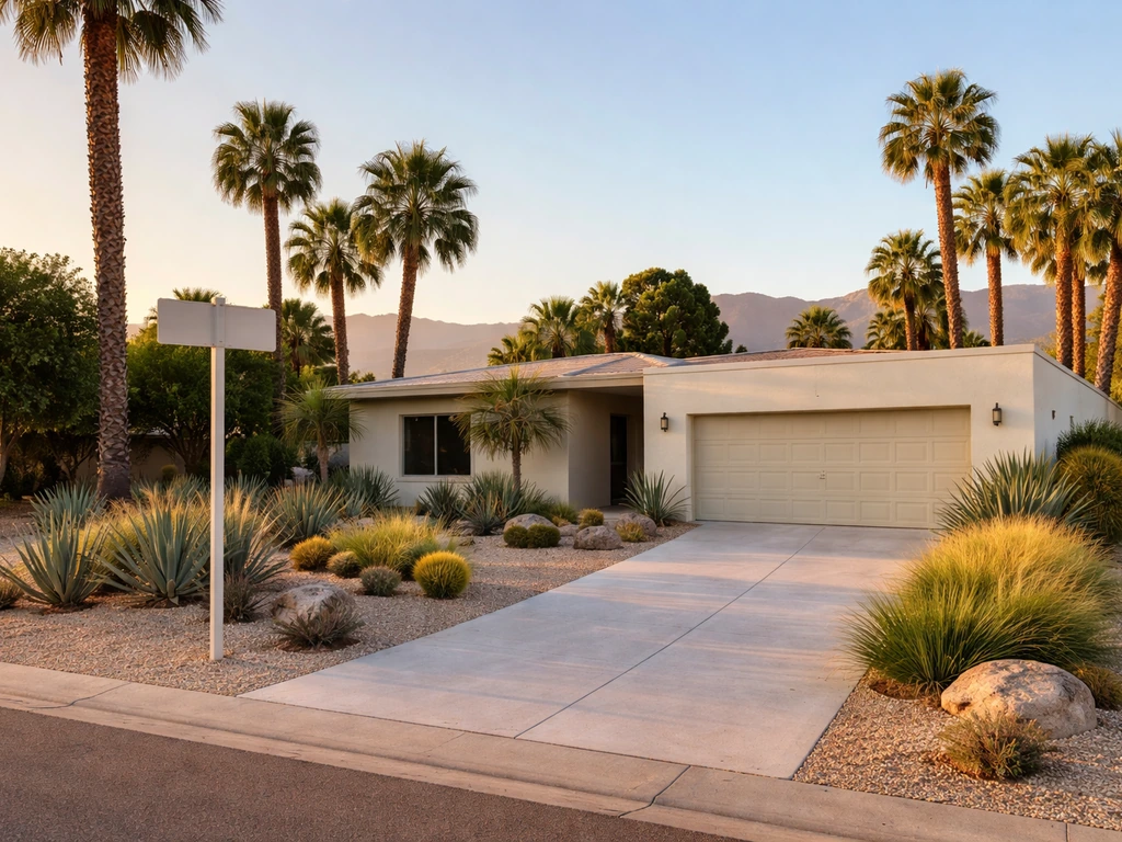 Palm Springs residential street scene with a subtle glimpse of a house at 555 N Patencio Road.