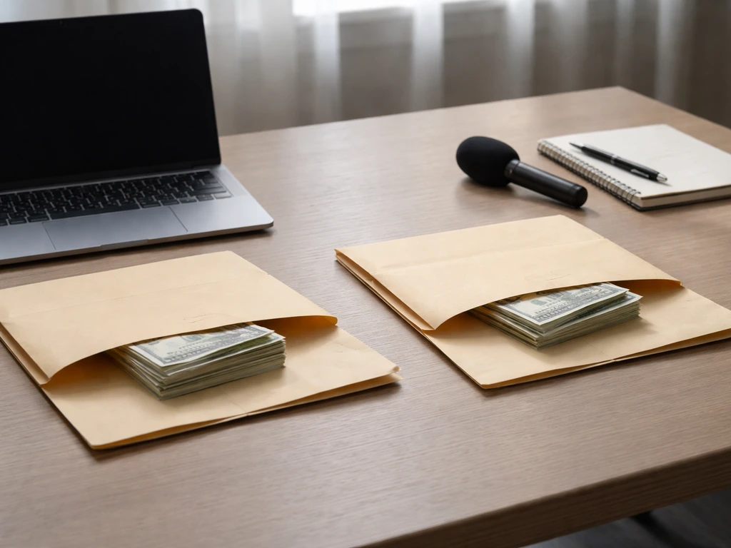 Minimal desk scene with two envelopes and scattered currency, symbolizing conflicting net-worth claims