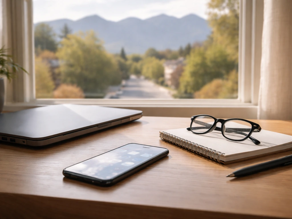 Minimal photo of a business desk with a laptop, LinkedIn-style browsing vibe, and Fort Collins–like mountain backdrop
