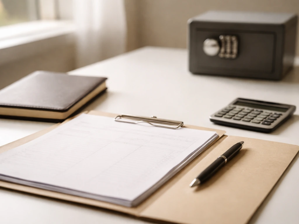 Minimal desk scene with scattered documents, a calculator, and a closed safe symbolizing evidence for net worth modeling