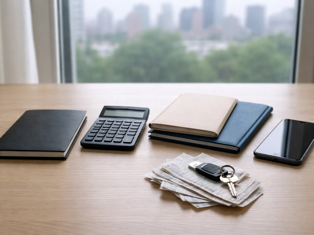Minimal desk scene with calculator, folders, and phone symbolizing differing financial estimates.
