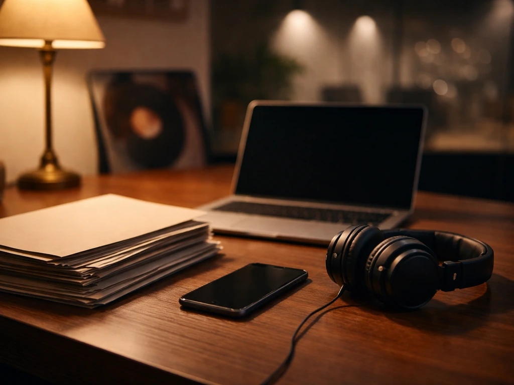 Music industry management desk with contract folders, headphones, and a subtle stage silhouette backdrop.