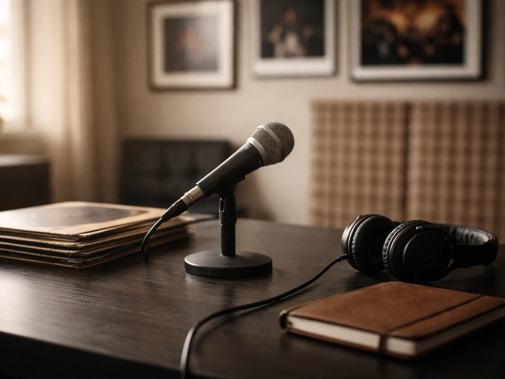 Minimal photo of a quiet music-industry office desk with a microphone and vintage records, symbolizing management work
