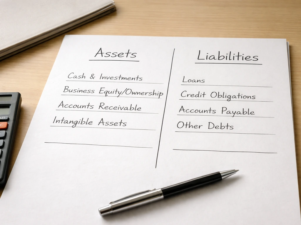 Simple assets-minus-liabilities worksheet with private-company categories in a clean desk setup