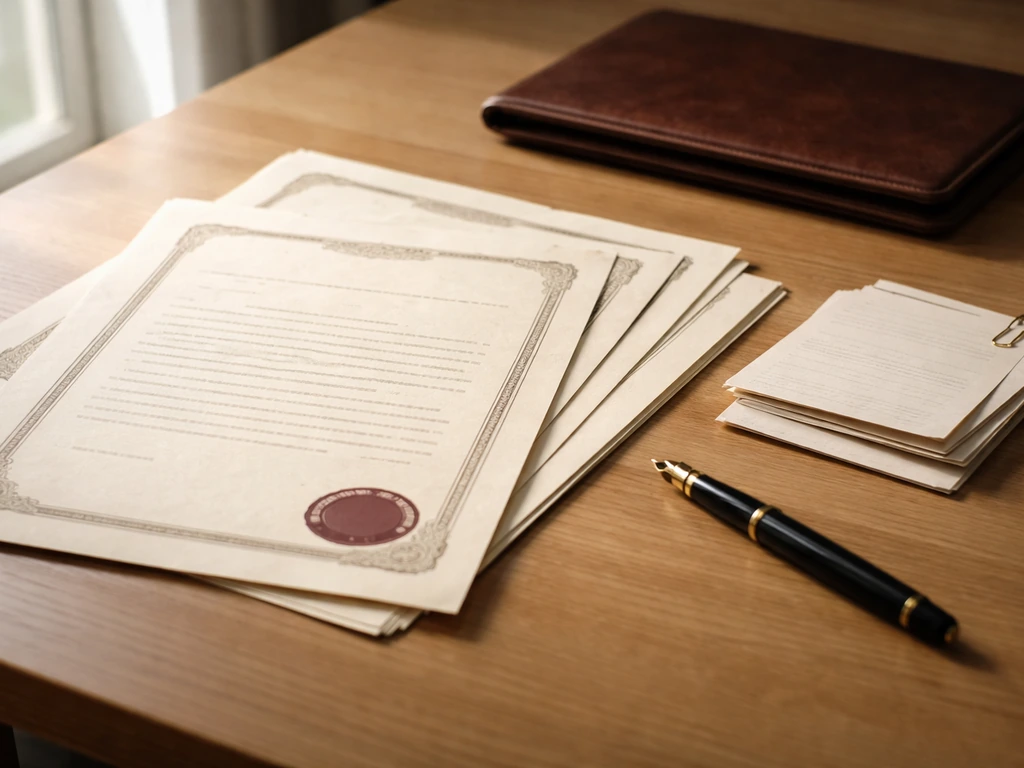 Vintage patent and licensing documents on a wooden desk with a pen, symbolizing verifying royalties.
