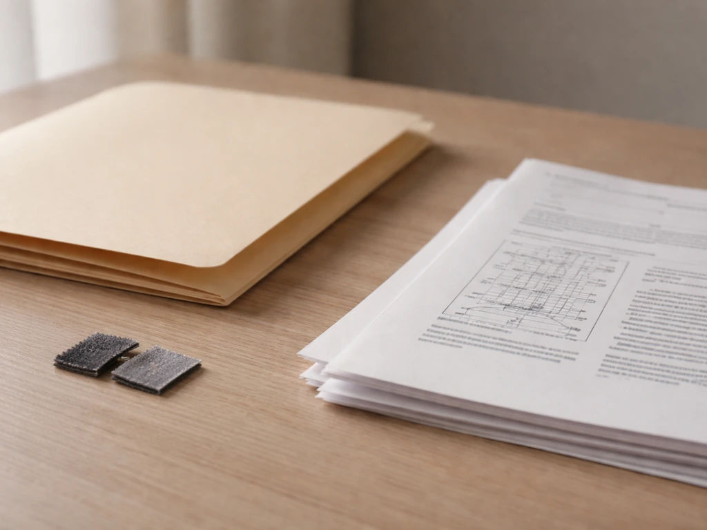 Minimal photo of patent documents, a metal fastener, and a contract folder suggesting licensing royalties flow.