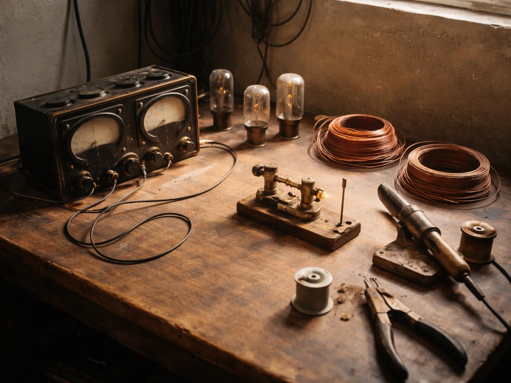Early 20th-century electrical engineering lab bench with wires, vacuum tubes, and instruments