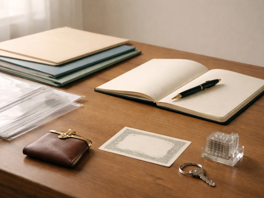 Minimal desk scene with documents and symbolic items representing assets and investment holdings.