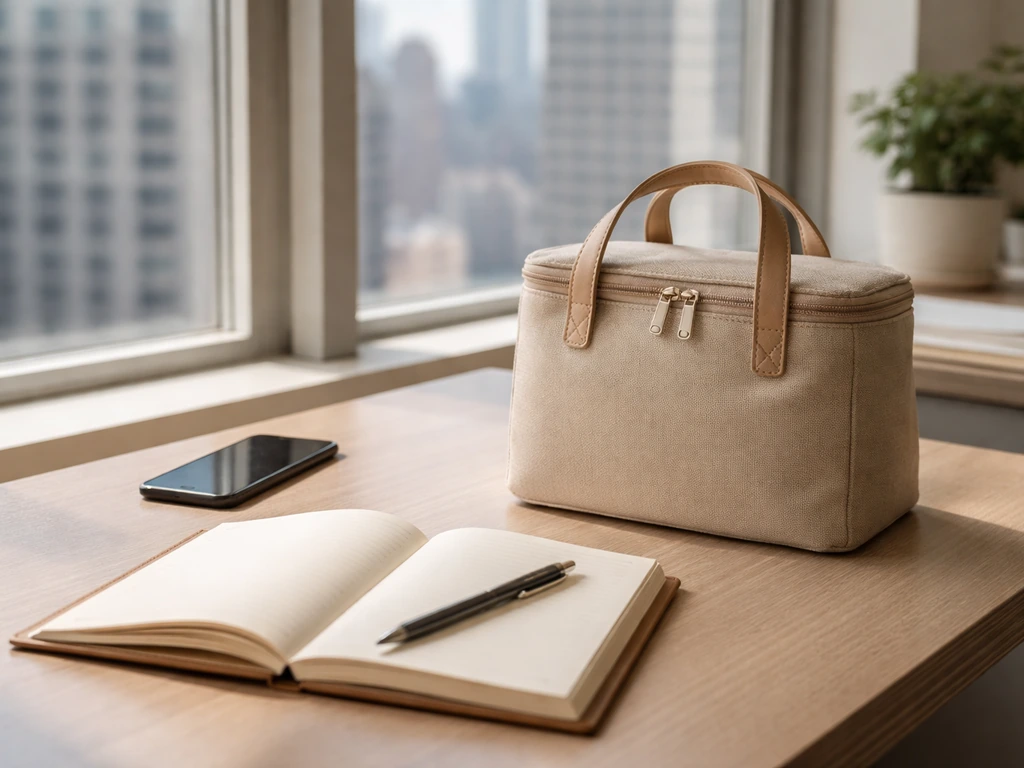 Minimal NYC office desk scene with a neatly styled insulated lunch bag and open notebook, suggesting a founder identity.
