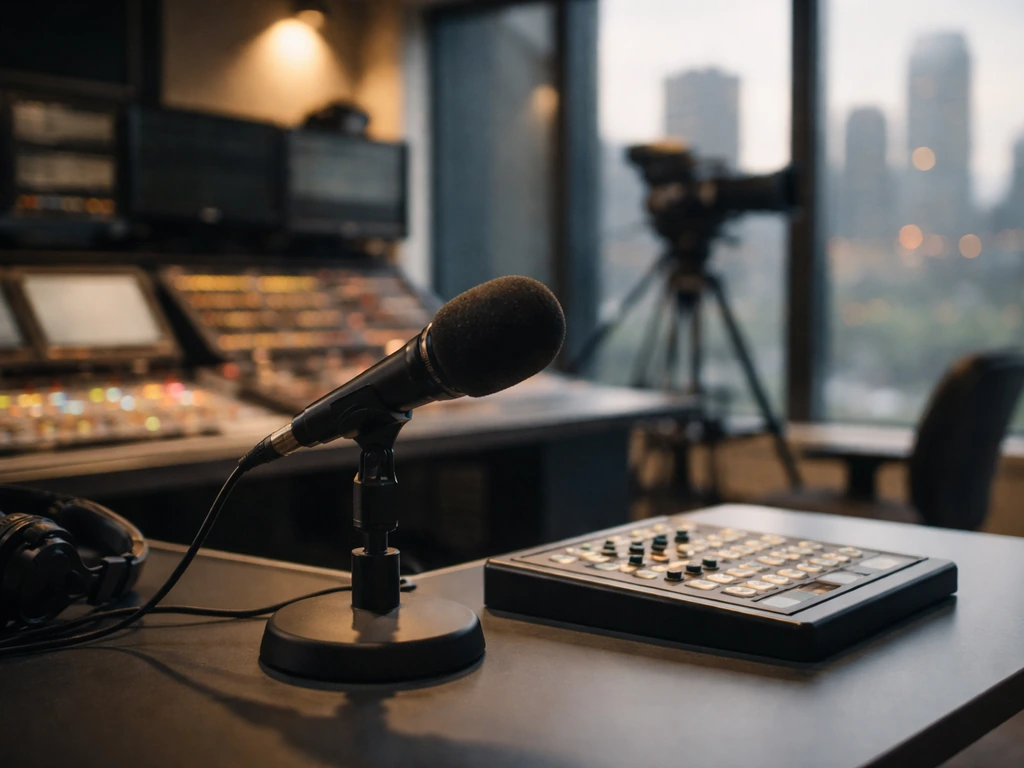 Close view of a studio microphone and camera gear with city light through a window.