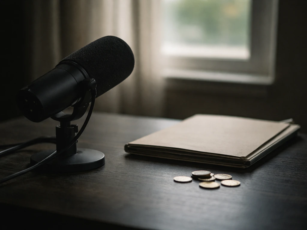 Black studio microphone and coins on a desk, blurred window light, symbolic of media and money.