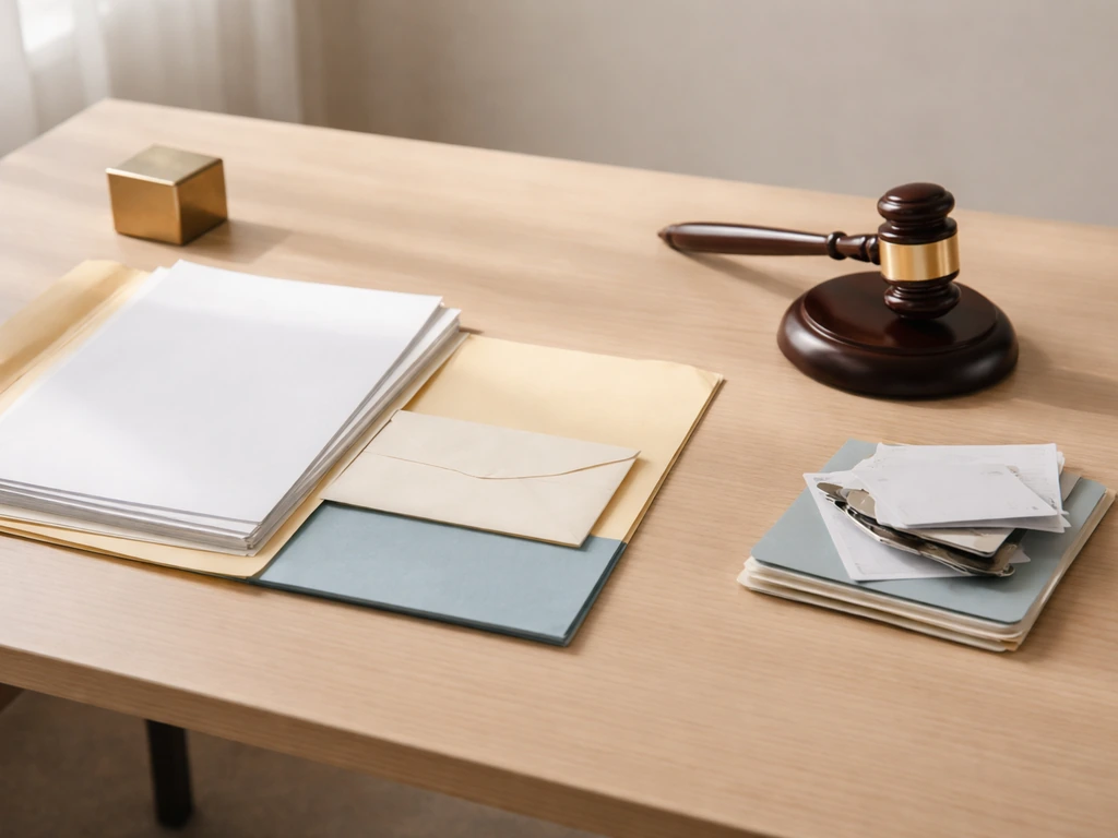 Court probate-themed scene with an open folder of documents and a plain envelope on a desk