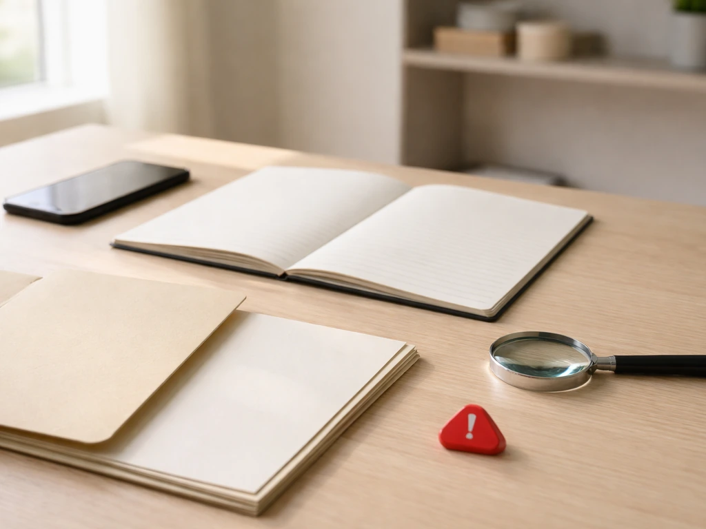 Minimal home office desk with open notebook, magnifying glass, and folders suggesting verified vs caution.
