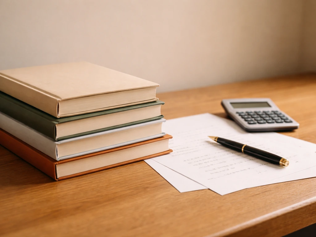 Closeup of stacked book covers beside accounting papers and a calculator, symbolizing publishing royalties