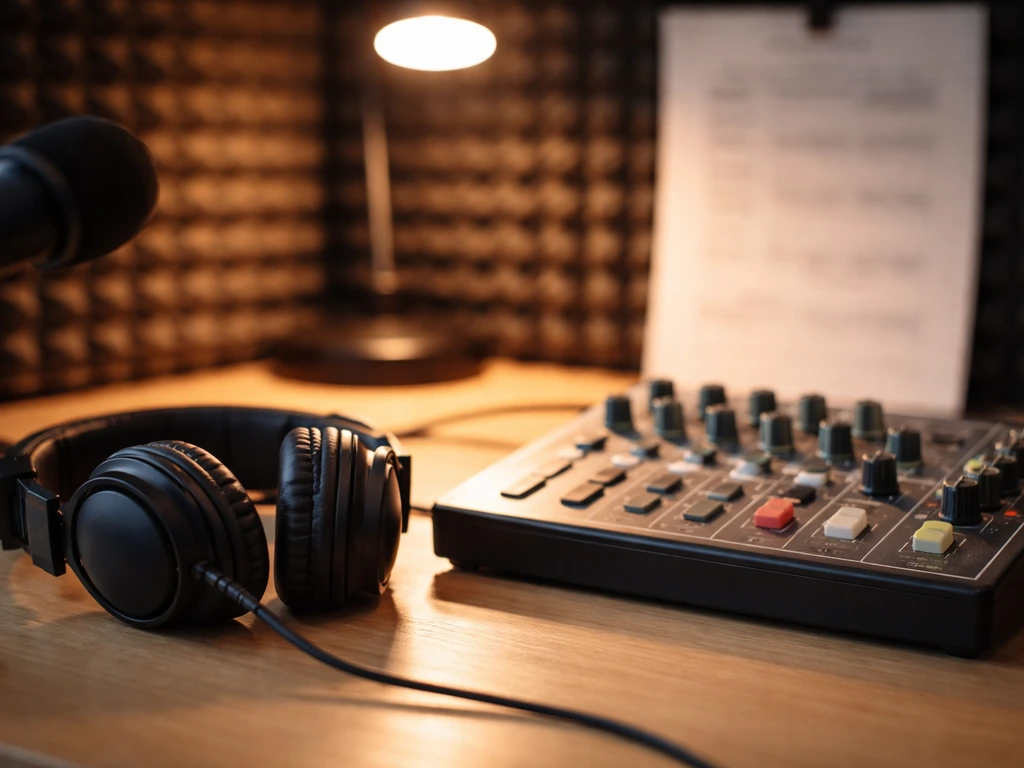 Headphones on a podcast studio desk beside a broadcast console, suggesting radio and podcast sponsorship