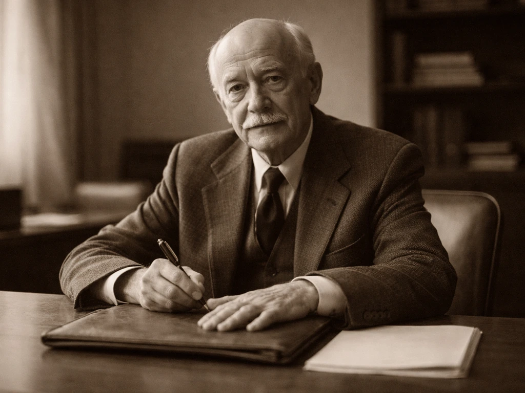 Elderly businessman at a quiet vintage desk with a leather folder and fountain pen, softly lit office background.