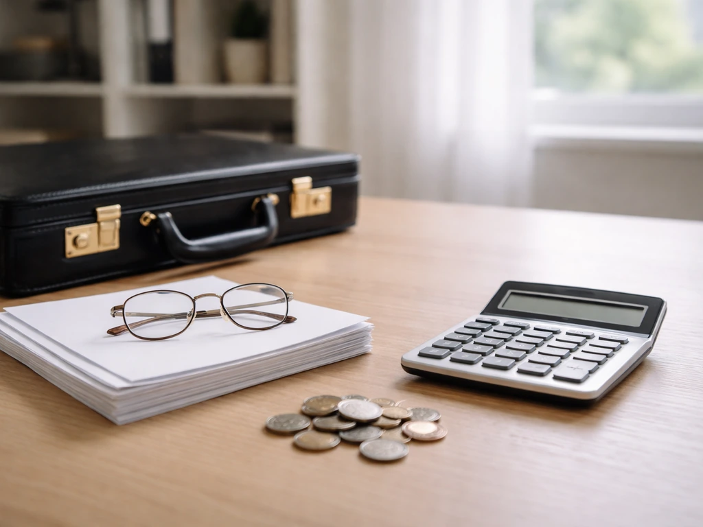 Minimal desk with briefcase, calculator, glasses, and coins symbolizing assets minus liabilities.