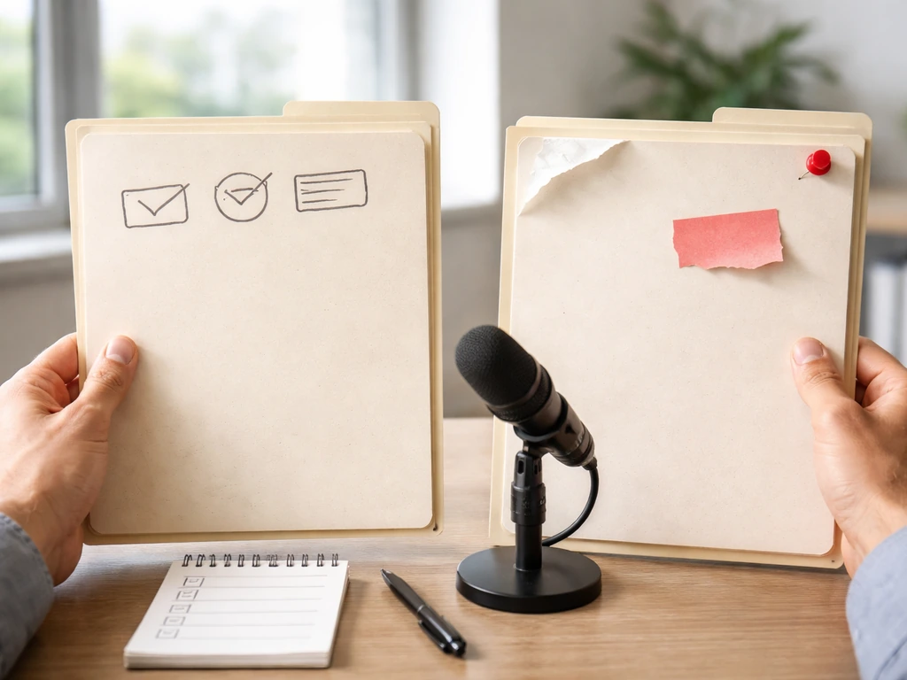 Minimal desk scene showing trust vs red-flag cues: documents, pen, and a phone with an audio mic
