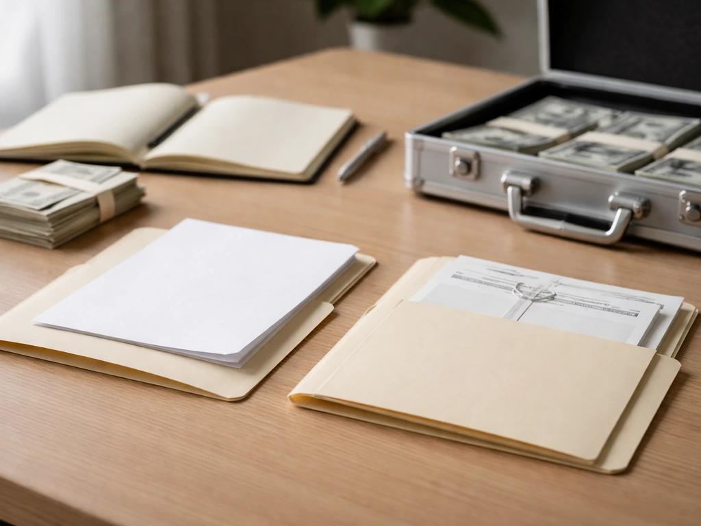 Minimal office desk with folders and a briefcase, symbolizing assets minus liabilities for net worth.