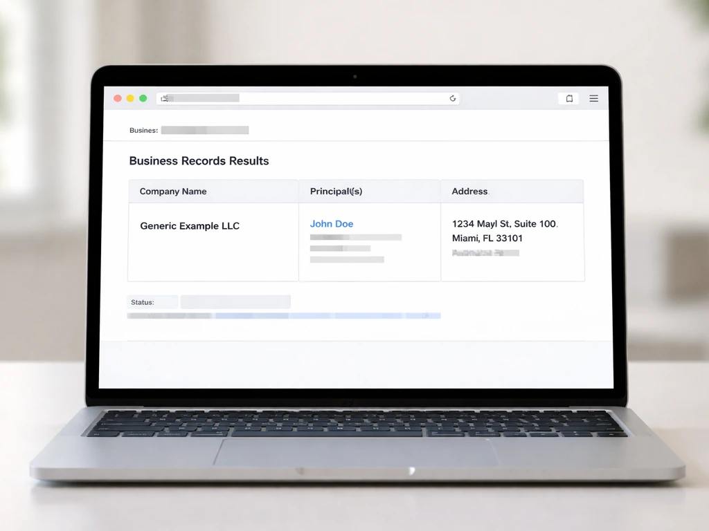 Mock Florida Sunbiz-style search results page showing an LLC record with principals and addresses.