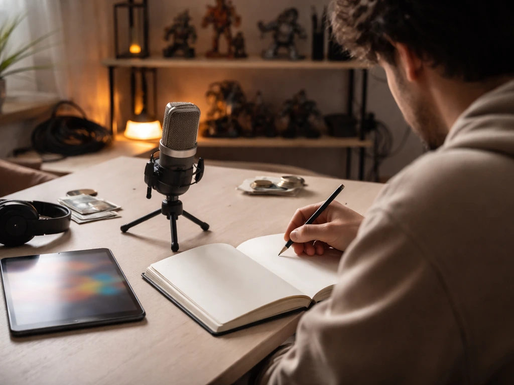 Anonymous creator in a quiet studio with a microphone and sketch tools, symbolizing media and earnings.