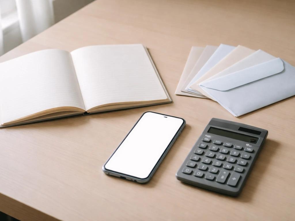 Minimal desk scene with calculator, envelopes, and blank notebook suggesting net-worth source comparison.