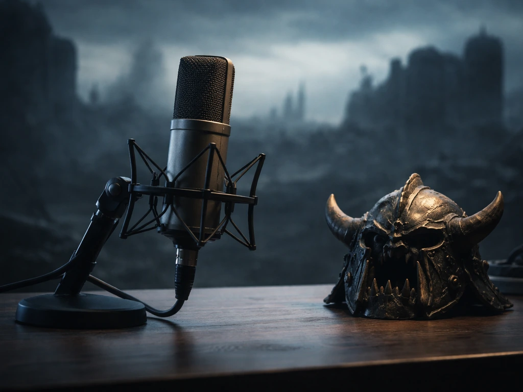 Wartime-themed studio scene with a lone microphone and subtle Warcraft-inspired armor silhouette in soft light.