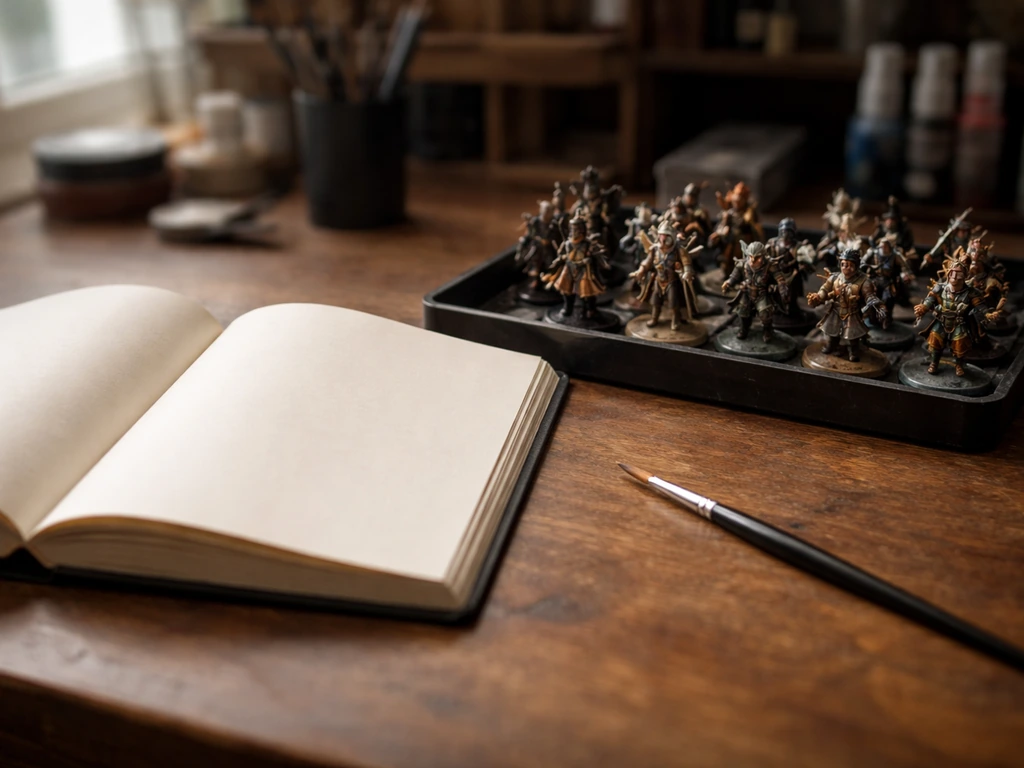 Close-up of an open tabletop game rulebook and painted miniatures on a wooden workbench