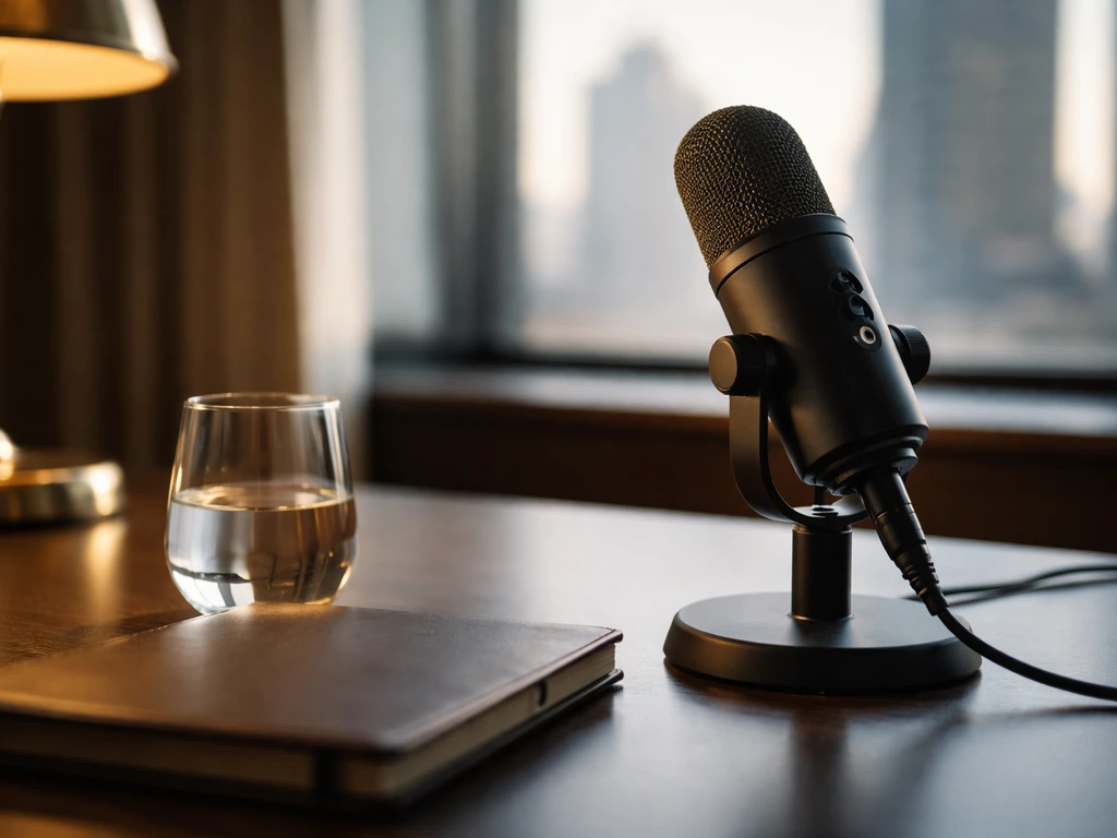 Close-up of a media executive’s desk setup with a microphone and polished metal, suggesting broadcasting and wealth.
