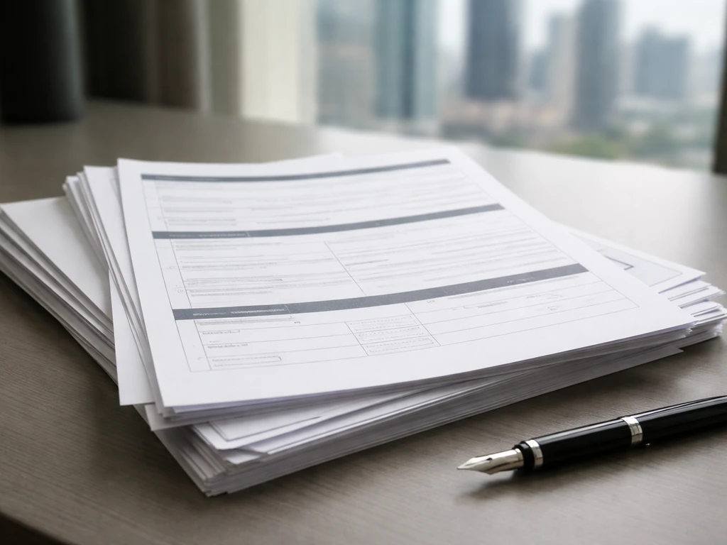 Corporate paperwork stack with a pen on a desk, blurred city skyline, symbolizing executive compensation filings.