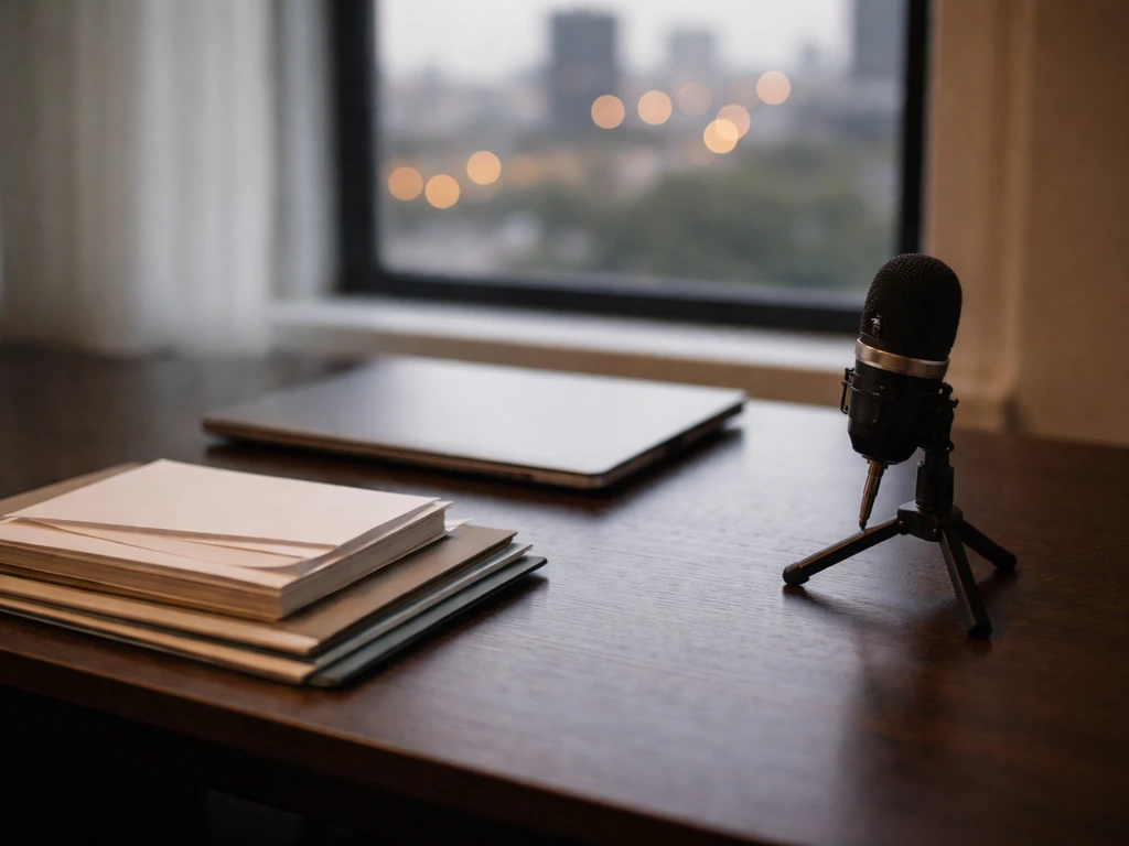 Quiet desk with closed laptop and studio microphone, muted folders, and soft city light through window