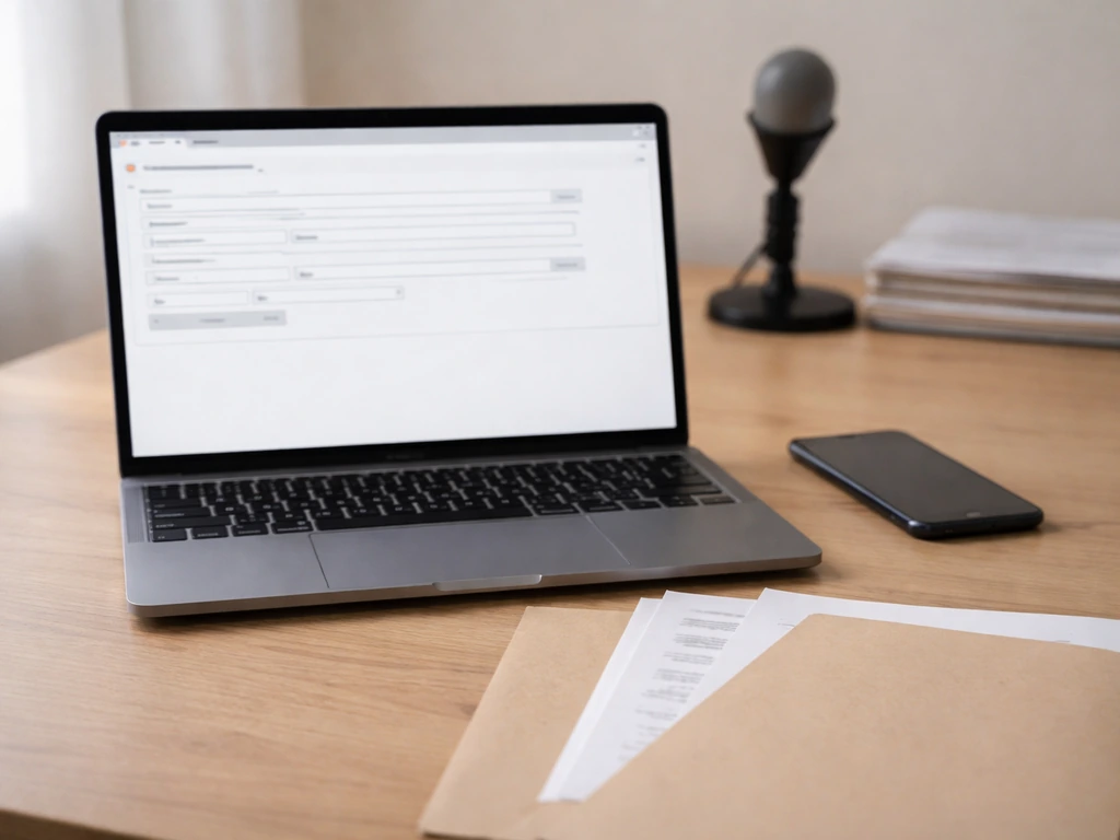 Minimal desk with laptop and documents symbolizing verifying SEC filings, no readable text.